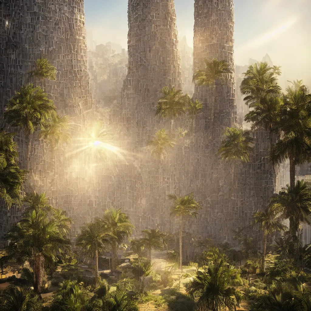 Image similar to photorealistic photo a contemporary babylon tower, golden details, stone facade, sacred geometry architecture, cascading highrise, arid mountains with lush palm forest, god rays, sunlight, post - production, octane, cgi, sfx