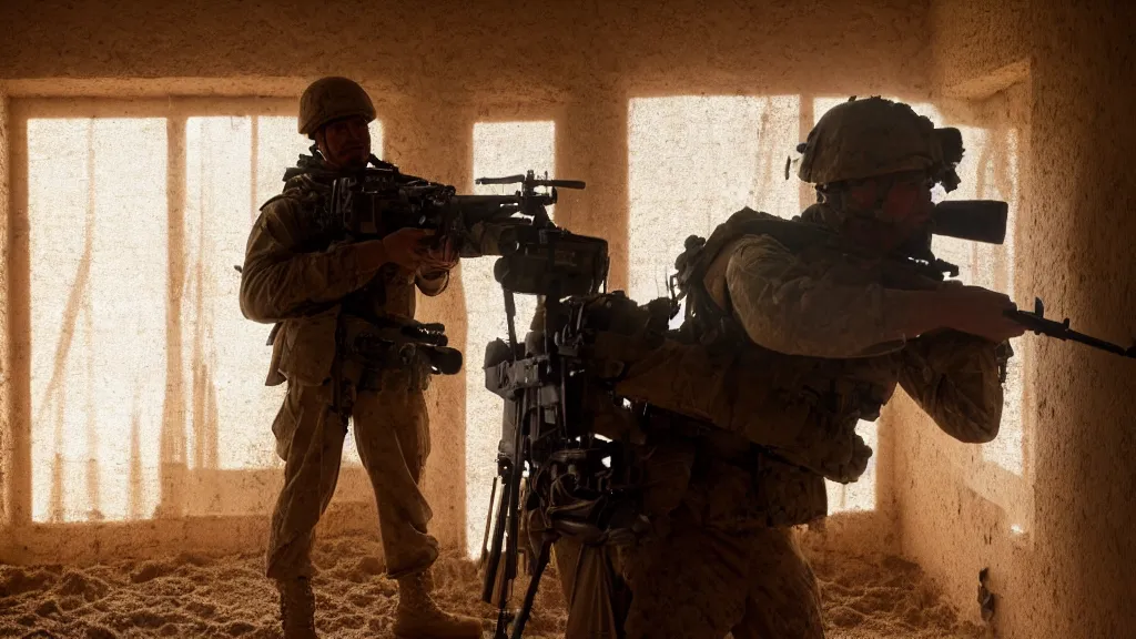 Image similar to film still of a marine soldier with a sniper rifle on his back standing in a dusty room with traditional colorful carpets on the wall in front of a sandy window. moody, grainy, 4 k, high detail, aesthetic, good composition, anatomically correct, directed by clint eastwood,