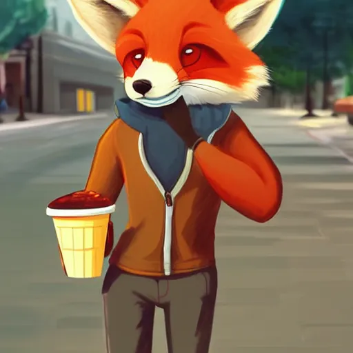 Image similar to furry art of male fox walking down the street holding an icecream, digital art, artstation, 4K, detailed, zootopia,