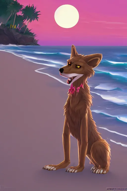 Image similar to anthropomorphic wolf fursona wearing a bikini at the beach lit by the sunset, furry art, trending on artstation, digital art, trending on furaffinity