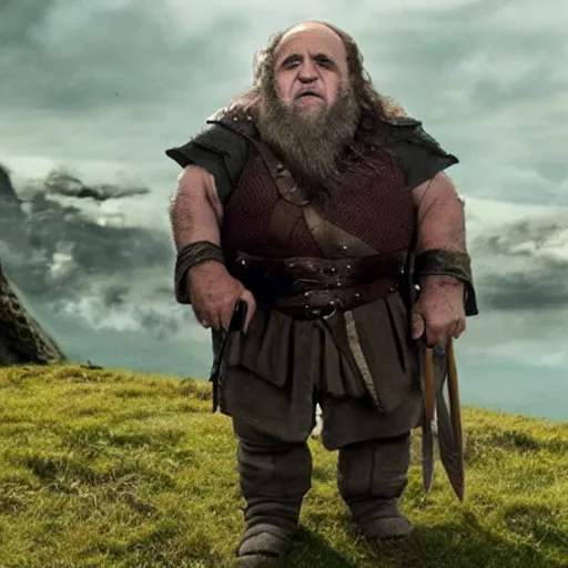 Image similar to movie still of danny devito starring as gimli in the 2 0 2 3 lord of the rings movie, full body, hyper realistic, high quality