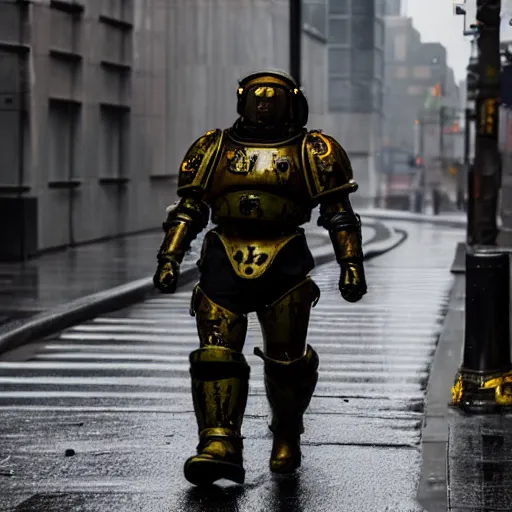 Prompt: a man wearing futuristic space marine armor walks down a rainy street in new york, photography, movie still, dslr 5 5 mm, 4 k