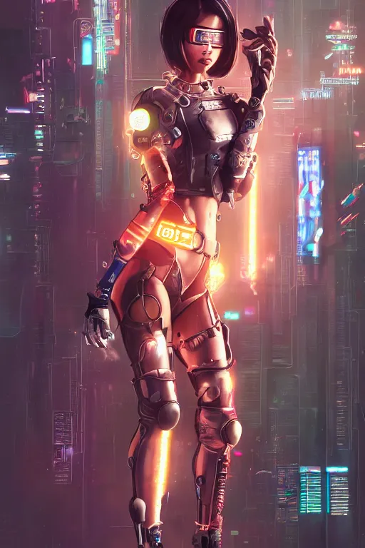 Prompt: a full body illustration of an asian female cyberpunk character wearing VR goggle implants, symmetrical detailed legs, oil on canvas, soft lighting, neon pastel colors, by WLOP and Greg Staples, HD, 4K