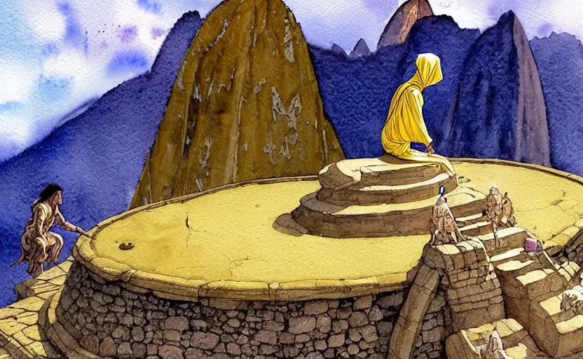 Image similar to a realistic and atmospheric watercolor fantasy concept art of a golden ufo landing on top of machu pichu. in the foreground a female medieval monk in grey robes is kneeling with her hands by her sides. by rebecca guay, michael kaluta, charles vess and jean moebius giraud