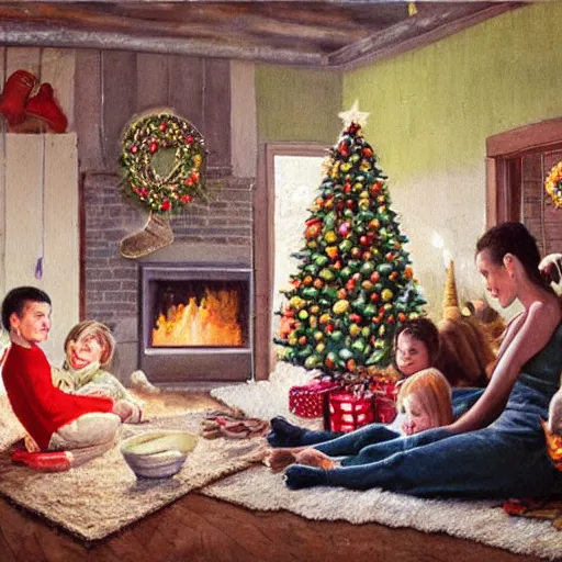 Prompt: “a holiday realistic painting of a happy family sitting in the foreground there’s a beautiful woman with a symmetric face with two young children on her lap, a boy and a girl. There’s a green Christmas tree and a log fire burning in the background. On the sofa in the background a scruffy homeless man sleeping.”