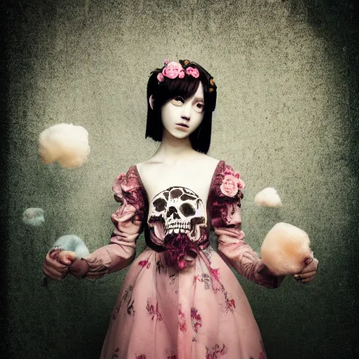 Prompt: 8 k, octane render, realism, tonalism, renaissance, rococo, baroque, portrait of a creepy young lady wearing long - harajuku manga - dress with flowers! and skulls, cotton candy