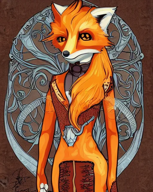 Prompt: a detailed portrait illustration of an anthropomorphic fox steampunk tech - sorcerer, ginger. art nouveau, pop art, comic book style, trending on furaffinity