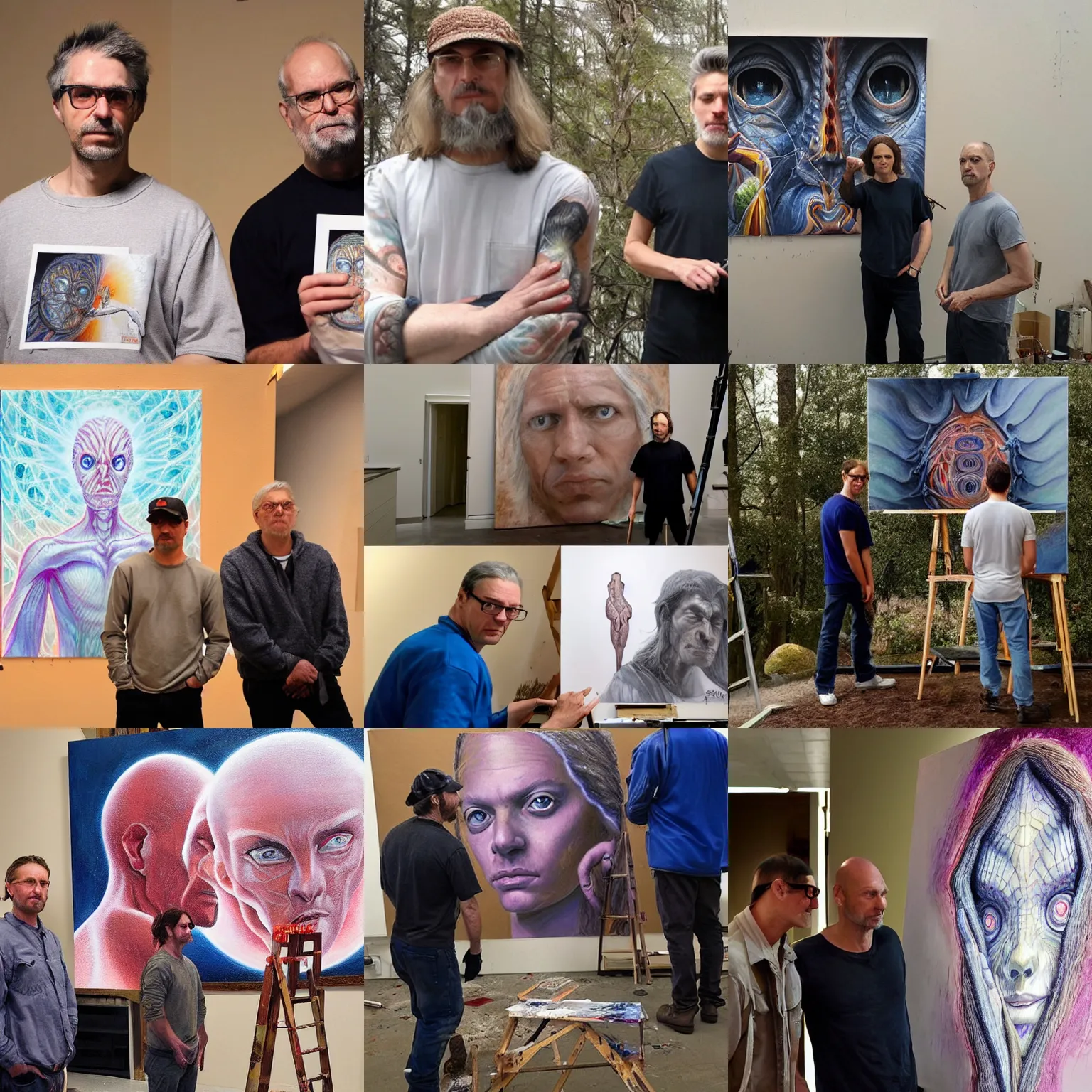 Image similar to painters Alex Grey together with painter Greg Rutkowski looking in the camera at the people who stole their job