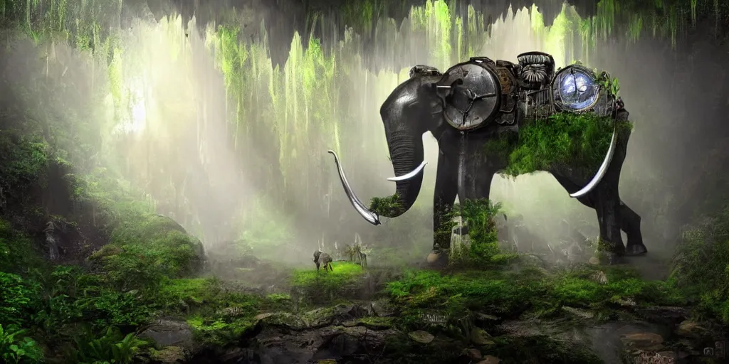 Image similar to magnificent mechanical steampunk elephant looking eerily into a cave entrance with lush vegetation and mystical (((glowing algae))) in the dawn, light coming through from holes in the ceiling, waterfalls, desaturated, creepy ambiance, dangerous, sharp focus, highly detailed, artgerm