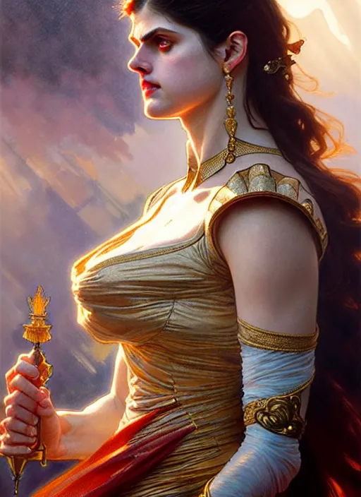 Image similar to alexandra daddario as queen, incredibly detailed face, light semi - open dress, true anatomy, art by artgerm and greg rutkowski and alphonse mucha