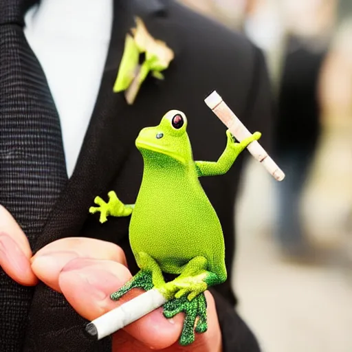 Image similar to a high detail closeup photograph of a 🐸 wearing a suit 👔,and smoking a cigarrette🚬, award wining photograph