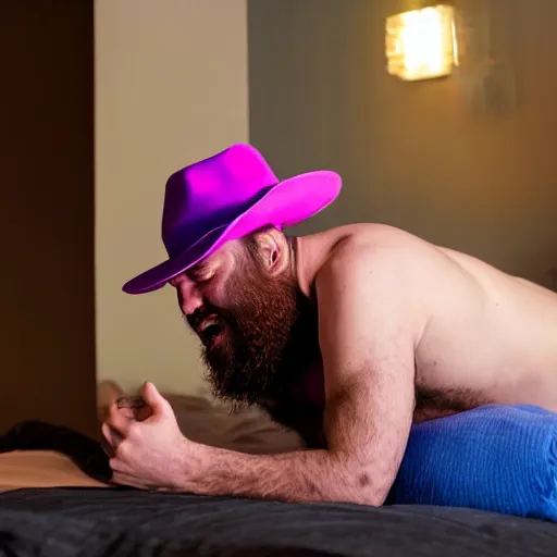 Prompt: shirtless man in thirties big beard sitting legs crossed on bed laughing smoking a joint wearing a fedora photo 4k resolution dramatic lighting led lights blue pink purple