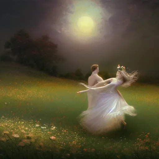 Prompt: the moonlit dance of the fae, dancers in white dancing across a flower meadow the moonlit dance by elena vizerskaya and ivan aivazovsky, perfectly detailed, artstation, sharp focus, highly detailed, studio photography