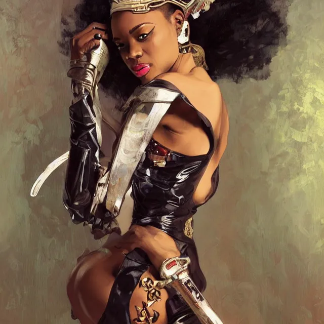 Image similar to african domme mistress, dominatrix full body, dominatrix, tribal, smooth white tight clothes suit, ornate, very beautiful, concept art, realistic painting, androgynous, afrofuturism, cgsociety, digital art by greg rutkowski, by alphonse mucha