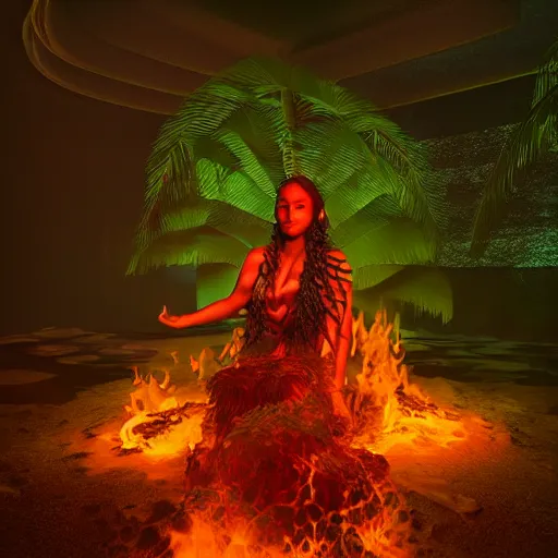 Prompt: Portrait of Pele, the Hawaiian fire goddess, rendered in unreal engine, rendered in octane render, rendered in blender, unreal engine, octane, blender, dark studio lighting, bright, glowing aura, vividly beautiful colors, bioluminescence, bioluminescent lighting, volumetric lighting