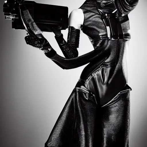 Image similar to fashion photography of an extraterrestrial model, holding a leather whip, wearing demobaza fashion, inside berghain, berlin fashion, harness, futuristic fashion, dark minimal outfit, photo 3 5 mm leica, hyperdetail, berghain, 8 k, very detailed, photo by nick knight