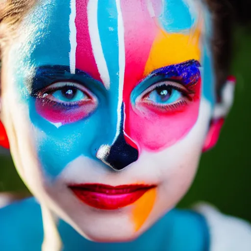 Prompt: a abstract shaped portrait of a abstract girl who has face - painting like a clown smiling creepily. depth of field. lens flare