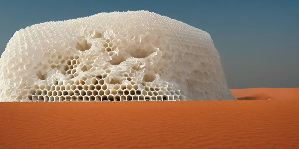 Image similar to real white honeycomb organic building sitting on the dune desert, film still from the movie directed by denis villeneuve aesthetic with art direction by zdzisław beksinski, telephoto lens, shallow depth of field