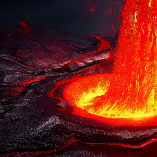 Prompt: 8 k hd detailed octane render of a river of molten magma flowing from a volcano