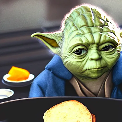 Image similar to A still of Yoda eating arepas, 4k, photograph, ultra realistic, highly detailed, professional lighting