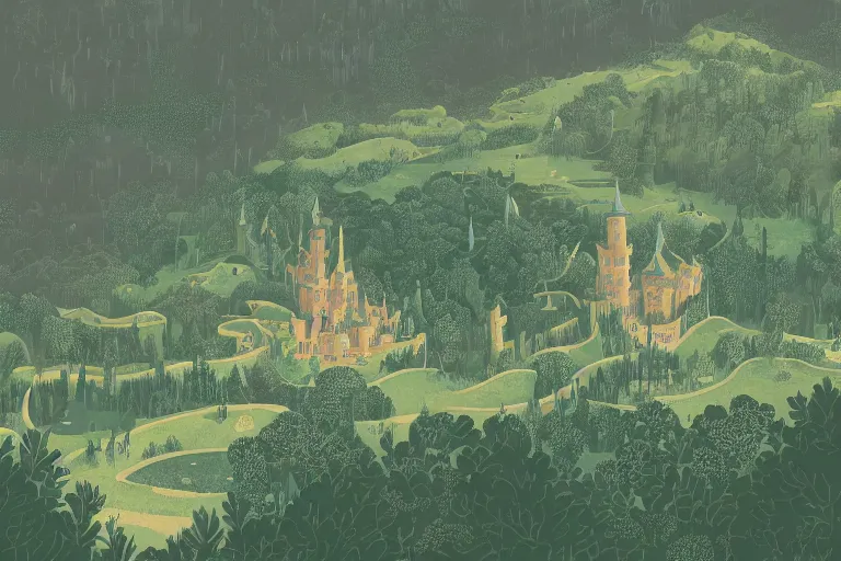 Prompt: painting of a fantasy castle, highly detailed, on lush green hills with a forest in the background, digital illustration, by Victo Ngai, by Diego Gisbert Llorens