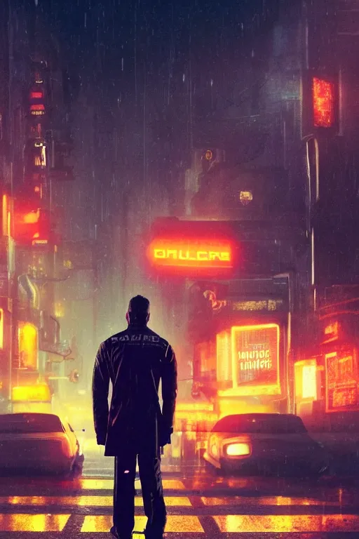 Image similar to Bladerunner 2049 still police officer standing next to white patrol car midnight crossed arms dark night orange street lamps. Bladerunner 2049 (2017) film. style of Roger Deakins Jeremy Saulnier Newton Thomas Sigel Robert Elswit Greig Fraser trending rtx on ue5. 35mm Kodak Vision 2383 gritty atmospheric