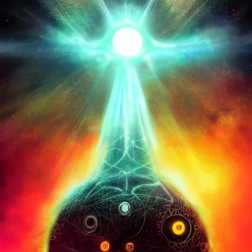 Prompt: cosmic horror devouring our sun, light rays, colors, futuristic alien spaceship, dramatic lens flares, unnaturally long tentacles, galaxy, supernatural eyes, SCP foundation, H. P. Lovecraft, Eldritch horror, space sci-fi, epic fantasy art, dark monster design, sharp, incredible detail, professional composition, quality digital art, 4k