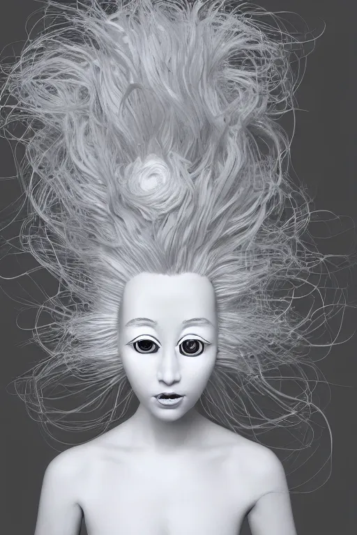 Image similar to 3 d full head and shoulders beautiful white porcelain woman with white big eyeballs all through her hair, realistic hair, 3 d swirling hair by theodor seuss geisel and daniel arsham and kim jung gi, on a white background