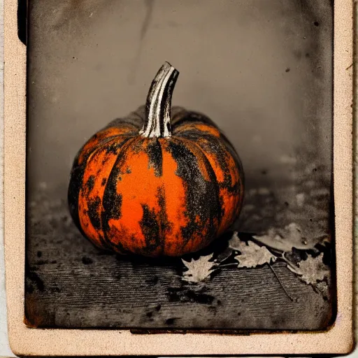 Prompt: tintype photo of rotting pumpkins