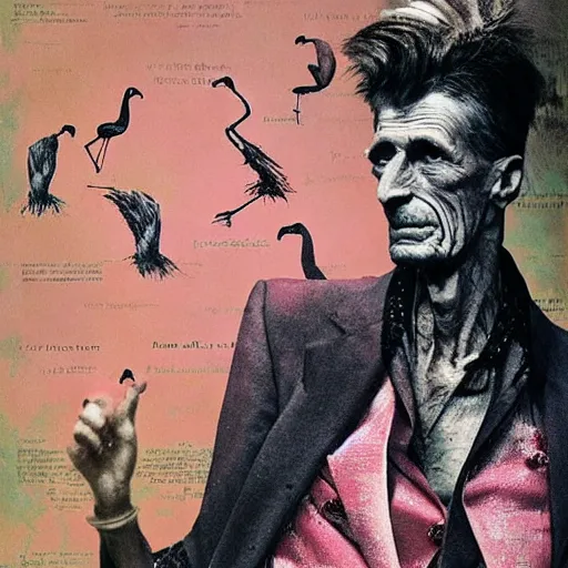 Image similar to shredded physique feathered tall neck beak Portrait of Samuel Beckett camouflaged as Flamingo whilst wearing a pink tuxedo Standing atop a Garbage Truck Greg Rutkowski Vik Muniz Paul Cezanne Andrew Wyeth Dan Witz