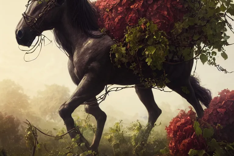 Image similar to a stunning horse with a mane of vines and flowers by greg rutkowski, high key lighting, volumetric light, digital art, highly detailed, fine detail, intricate, ornate, complex, octane render, unreal engine, photorealistic