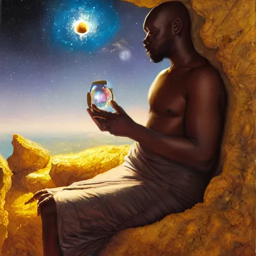 Image similar to an african psychic reading his crystal ball under a meteor shower, greg rutkowski and android jones and amanda sage, oil on canvas, 8k