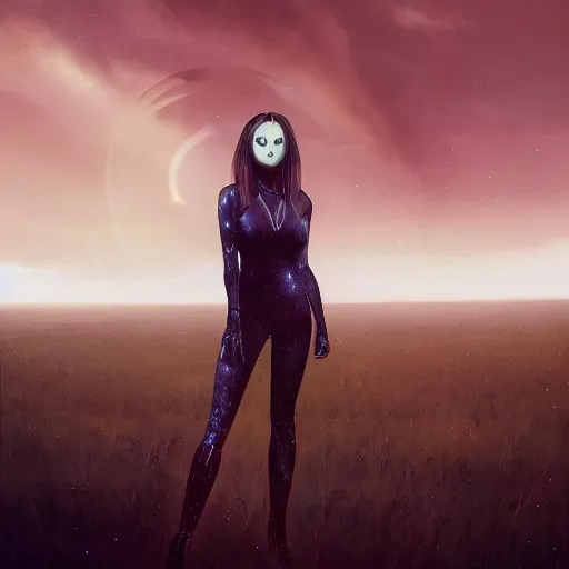 Prompt: pleiadian woman with big eyes and long silver hair wearing a dark body suit and holding a plasma gun standing in barren fields, sci fi portrait art by greg rutkowski