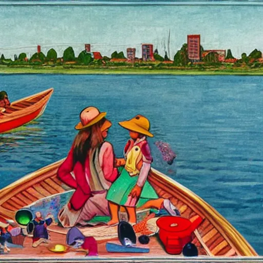 Image similar to The installation art depicts a group of well-dressed women and children enjoying a leisurely boat ride on a calm day. The women are chatting and laughing while the children play with a toy boat in the foreground. hunter green, cardinal by Moebius angular