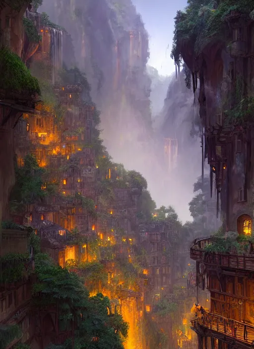 Prompt: medieval city built on terraces in a gigantic canyon, lots of buildings connected by hanging bridges, waterfalls, warm glow coming from the ground, lush vegetation, pitchblack sky, extremly detailed digital painting, in the style andreas rocha and greg rutkowski, 8 k, stunning scene, octane, trending on artstation