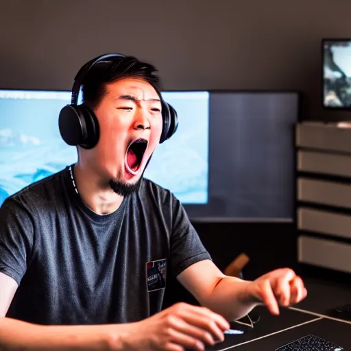 Image similar to Photo of Genghis Khan as a Twitch streamer, wearing a headset, playing video games, close-up, raging, screaming at screen high detail, studio, 85mm Sigma Art Lens