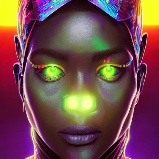 Image similar to african neon necromancer, science fiction, highly detailed, digital painting, beautiful eyes, symmetry, concept art, sharp focus, illustration, global illumination, radiant light, synthwave colors, detailed and intricate environment, art by artgerm and greg rutkowski and magali villeneuve and ilya kuvshinov!