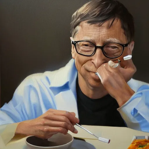 Image similar to an hyper realistic oil painting of Bill Gates eating syringes for breakfast, sitting at a table with a plate full of syringes, looking very sad, trending on artstation,