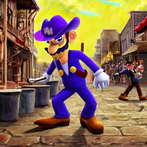 Image similar to waluigi from the mario series dressed as a cowboy holding a big iron revolver fighting outlaws in a town, cinematic still frame oil painting, high detailed painting, greatly illustrated, photo - realistic painting )