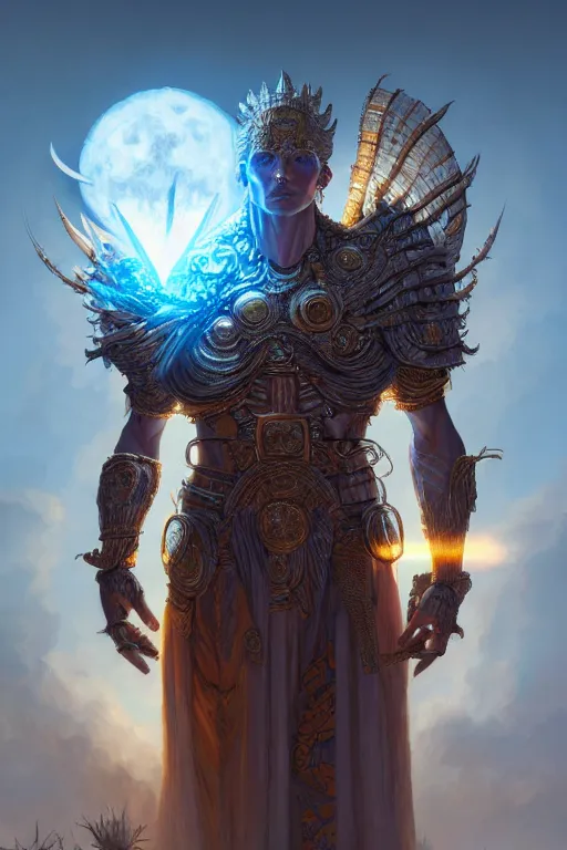 Image similar to humanoid god of the sun, highly detailed, d & d, fantasy, hyper detailed, digital painting, trending on artstation, apollo, concept art, sharp focus, illustration, art by artgerm and magali villeneuve and greg rutkowski and michael whelan, cryengine, 8 k realistic atmospheric lighting, frostbite 3 engine