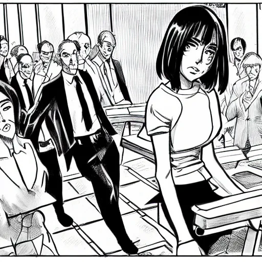 Prompt: manga drawing of dua lipa in court being defended by saul goodman