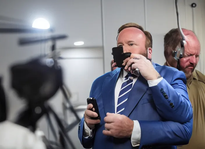 Prompt: dslr photo still of infowars host alex jones in a blue suit fat beard and mustache sitting depressed in a room filled to the ceiling with cell phones, 5 2 mm f 5. 6