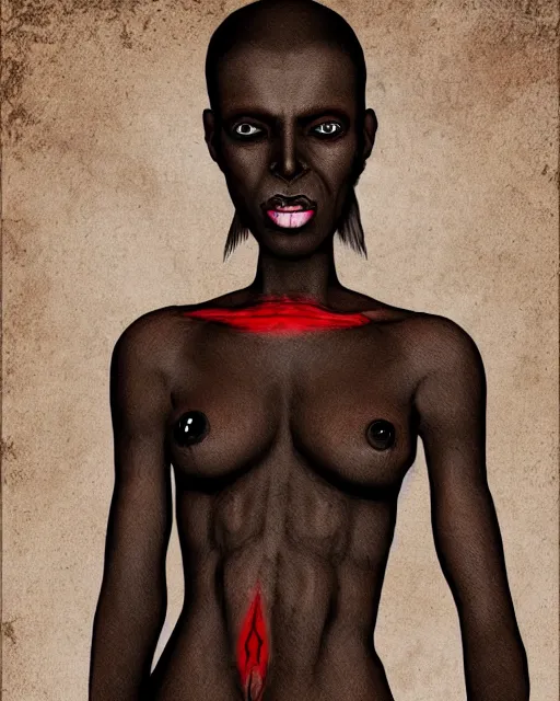 Image similar to ancient nilotic african androgynous vampire woman with demonic eyes, portrait, hyperrealistic