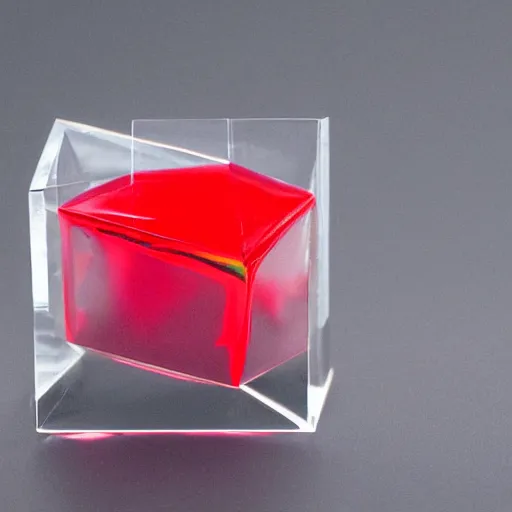 Image similar to transparent cube half filled with turbulent red liquid inside in a transparent twisted sphere