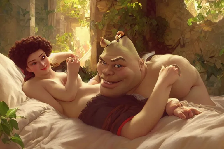 Image similar to russian poet alexander pushkin and shrek together in bed, portrait, highly detailed, digital painting, artstation, concept art, smooth, sharp focus, illustration, cinematic lighting, art by artgerm and greg rutkowski and alphonse mucha