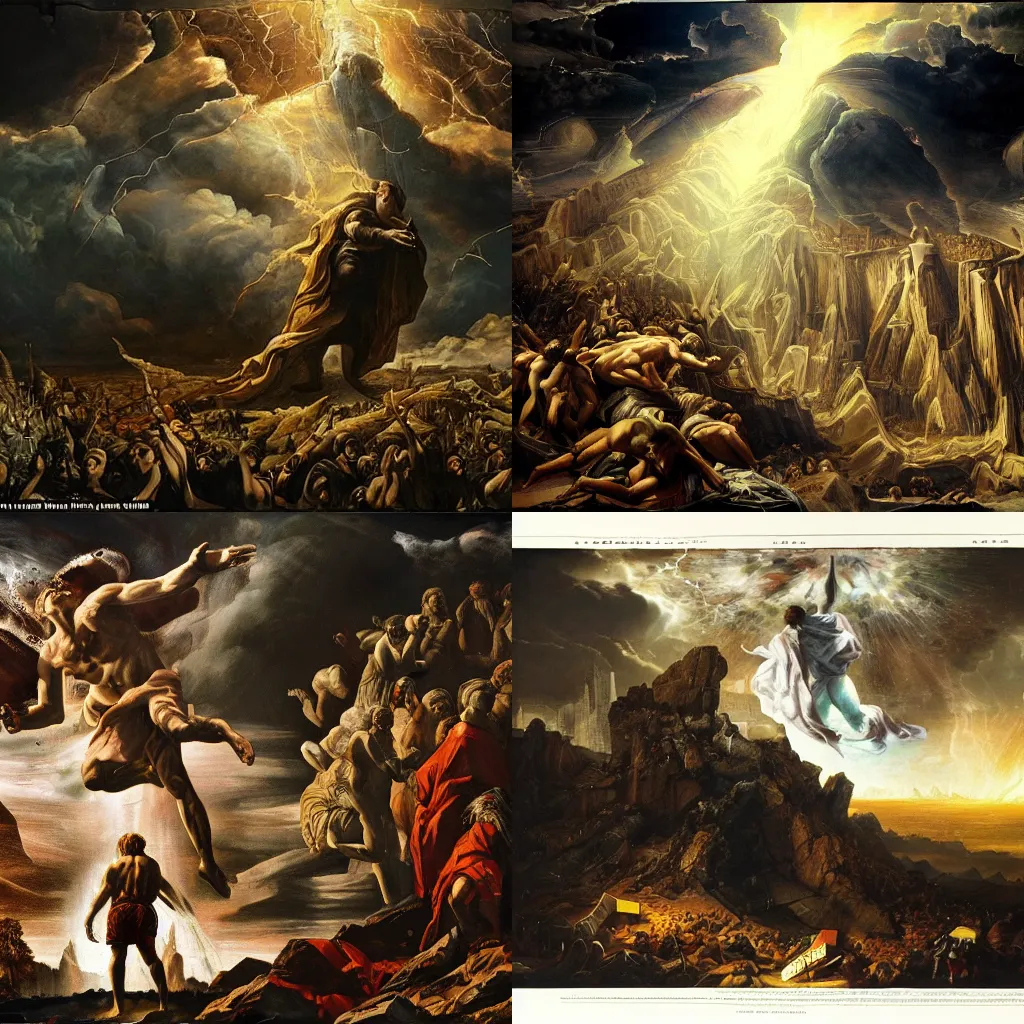 Prompt: the fall of god from the heavens on a shattered earth, apocalyptic, dark, photorealism, colossus, highly-detailed, atmospheric