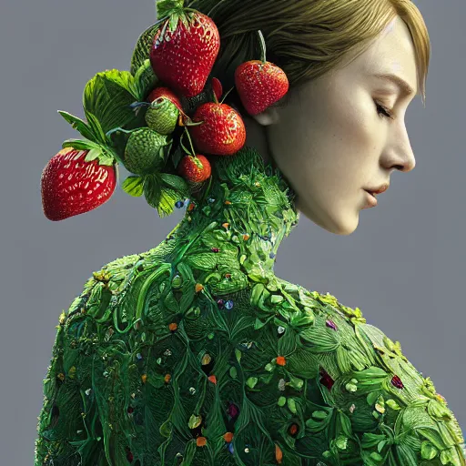 Image similar to the portrait of an absurdly beautiful, graceful, elegant, sophisticated woman made of strawberries and green petals, an ultrafine hyperdetailed illustration by irakli nadar, intricate linework, bright colors, octopath traveler, final fantasy, unreal engine 5 highly rendered, global illumination, radiant light, detailed and intricate environment