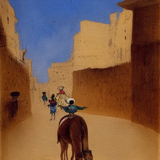 Image similar to An expressionistic painting of a mouse Riding a camel through a narrow street in london, (1885)