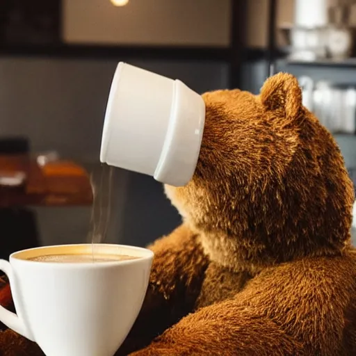 Prompt: a realistic photo of a bear making coffee in a coffee shop