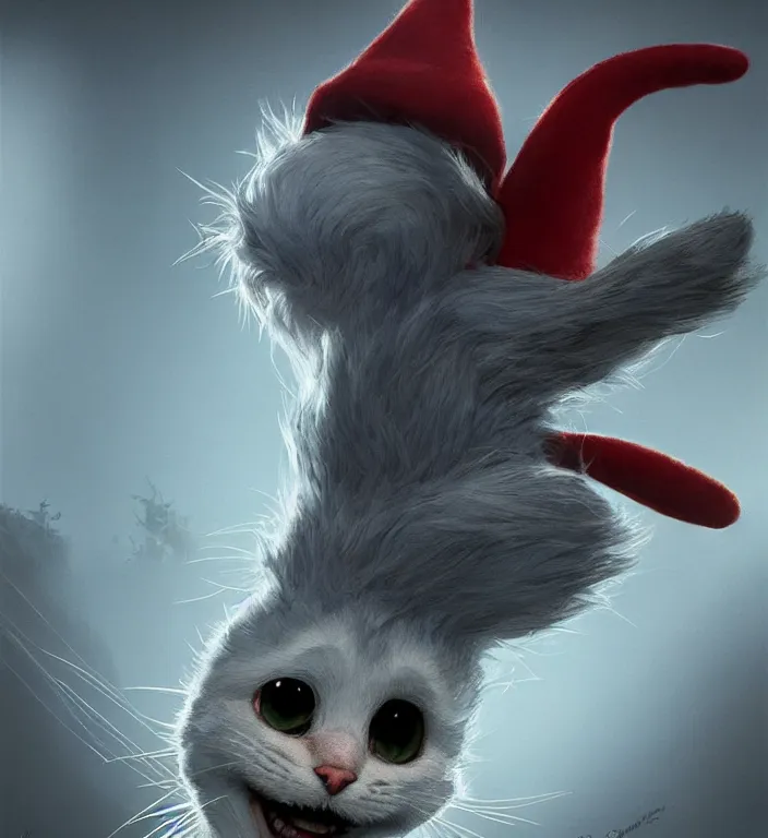 Prompt: complex 3 d render, hyper detailed, ultra sharp, of the cat in the hat, scary, cinematic, natural soft light, rim light, octane render, art by greg rutkowski and craig mullins and artgerm, dr seuss